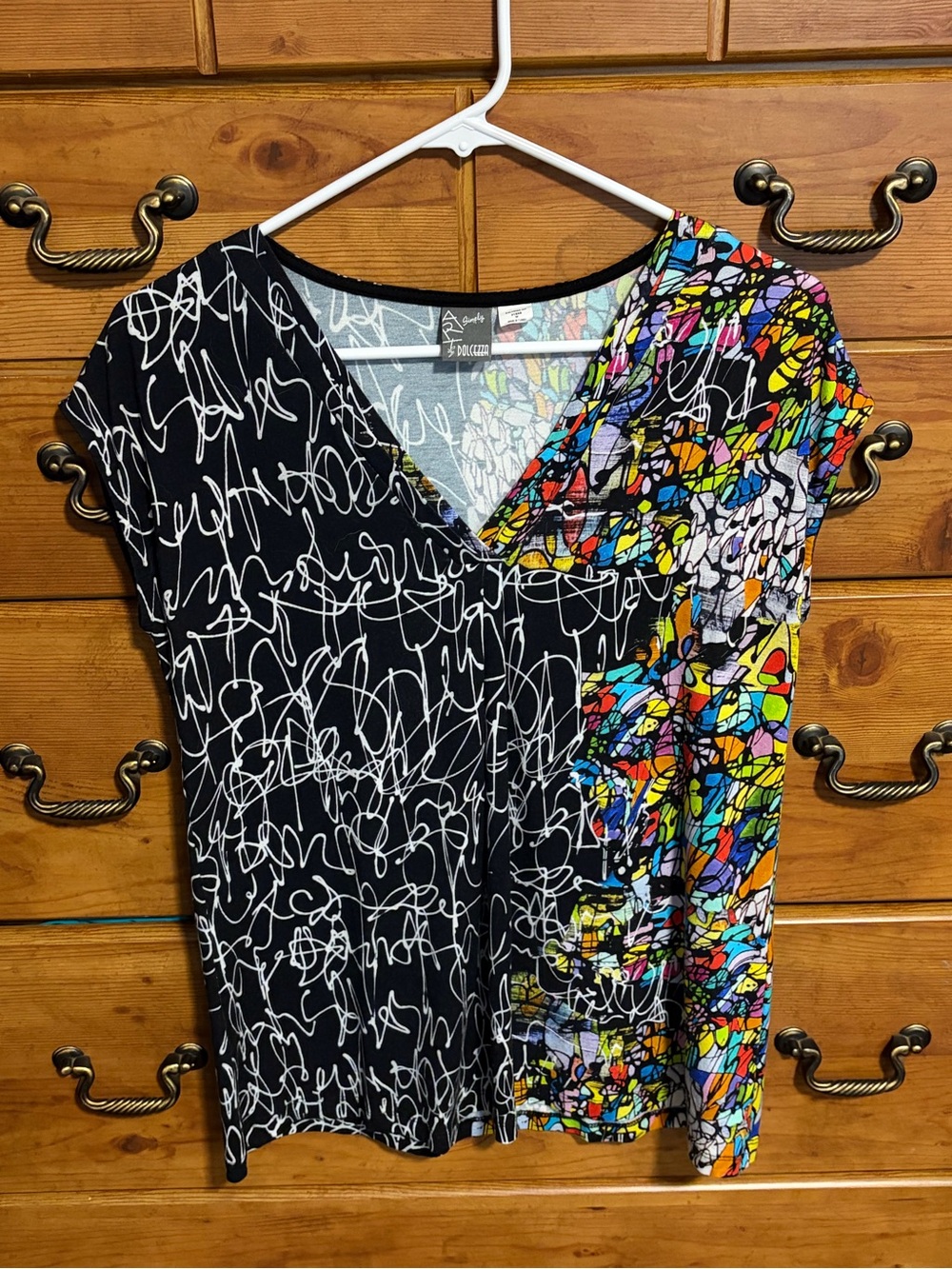 Black & Multi V-Neck Short Sleeve Top